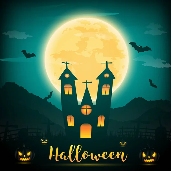 Halloween noite fundo com abóbora, árvores nuas, morcego, assombrar — Vetor de Stock