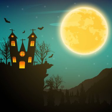 Halloween geceler arka plan ile çıplak ağaçlar, yarasa perili ev bir