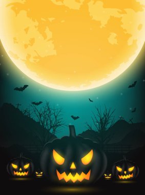 Kabak, çıplak ağaçlar, yarasa ve fu Halloween gece arka plan