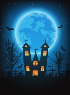 Halloween geceler arka plan ile çıplak ağaçlar, yarasa perili ev bir