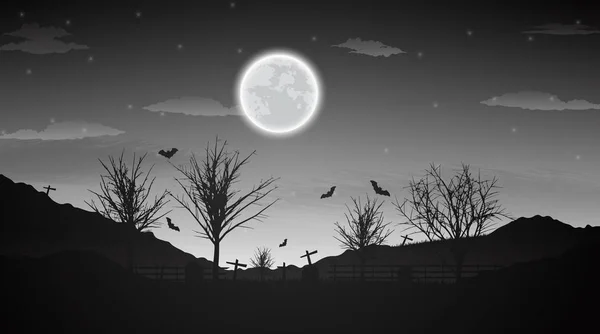 Halloween noite fundo com árvores nuas, morcego e lua cheia o —  Vetores de Stock