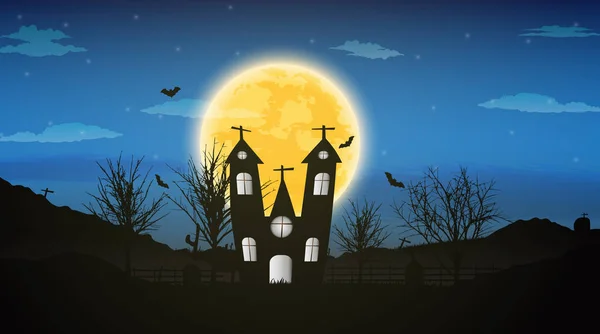 Halloween sfondo notte con alberi nudi, pipistrello casa infestata a — Vettoriale Stock