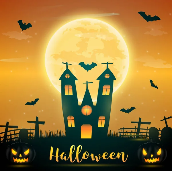 Halloween nacht achtergrond met pompoen, naakte bomen, bat haunte — Stockvector