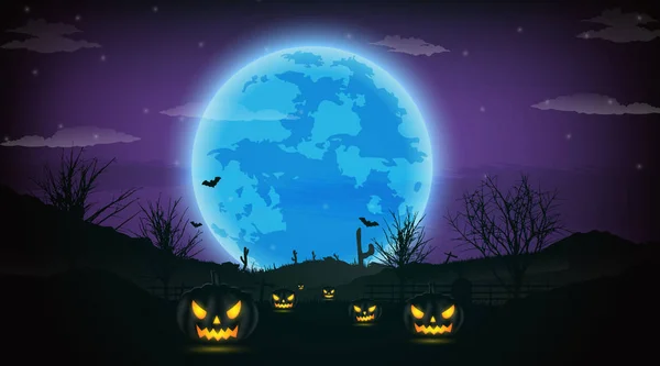 Halloween natt bakgrund med pumpa, Nakna träd, bat och fu — Stock vektor
