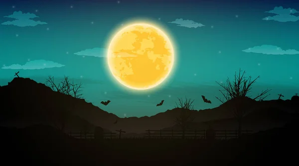 Noche de Halloween fondo con árboles desnudos, murciélago y luna llena o — Archivo Imágenes Vectoriales