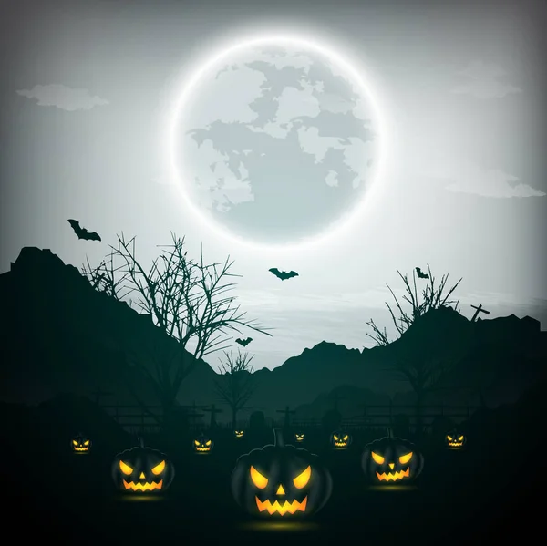 Halloween night tło z dyni, Nagie drzewa, bat i fu — Wektor stockowy