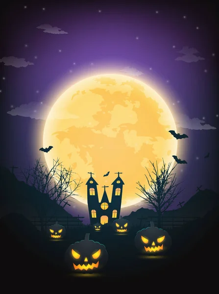 Halloween nacht achtergrond met pompoen, naakte bomen, bat haunte — Stockvector