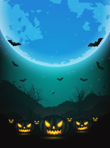 Halloween sfondo notte con zucca, alberi nudi, pipistrello e fu — Vettoriale Stock