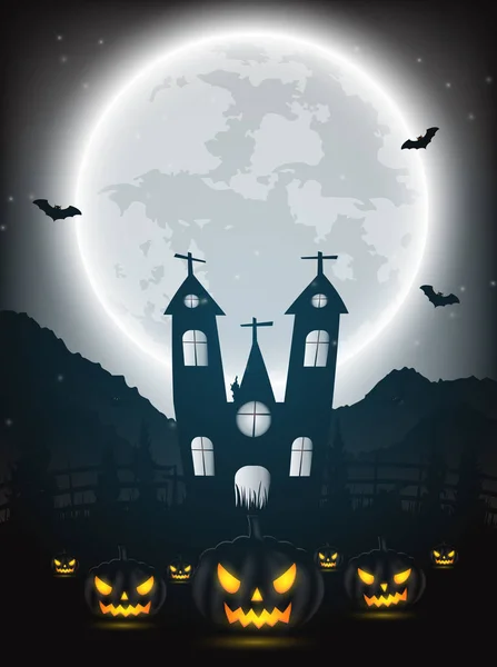 Halloween night background with pumpkin, naked trees, bat, haunt — Stock Vector