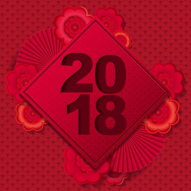 Mutlu Çin yeni yıl 2018 vektör tasarımı kağıt sanat çiçek ve