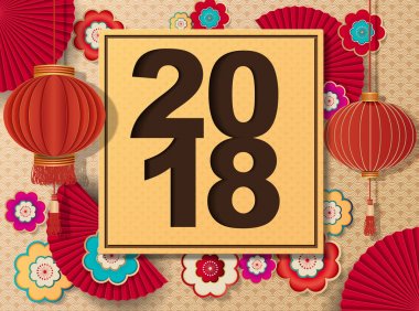 Mutlu Çin yeni yıl 2018 vektör tasarımı kağıt sanat çiçek ve