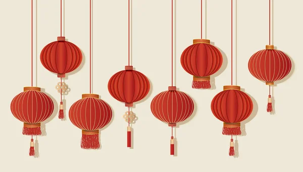 Zadowolony Chińczyk nowy rok. Zestaw świąteczny czerwone latarnie na tle. — Wektor stockowy