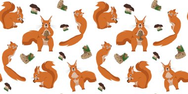  Protein ve koni ile vektör kusursuz desen. Bir grup sincabın olduğu bir resim.