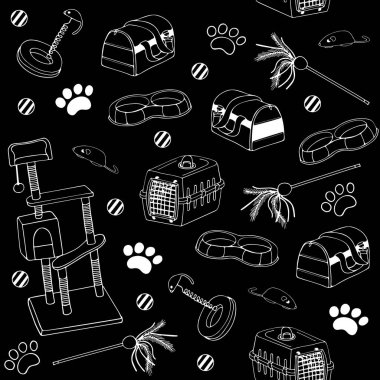 Siyah ve beyaz, kusursuz kedi evi seti. Kedi kasesi, kedi oyuncağı, kedi taşıyıcısı.