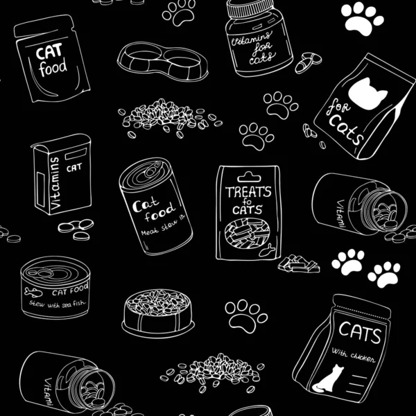 Μαύρο και άσπρο χωρίς ραφή σετ γατοτροφής. Κονσερβοποιημένες τροφές για γάτες, ξηρά τροφή για γάτες και βιταμίνες — Φωτογραφία Αρχείου
