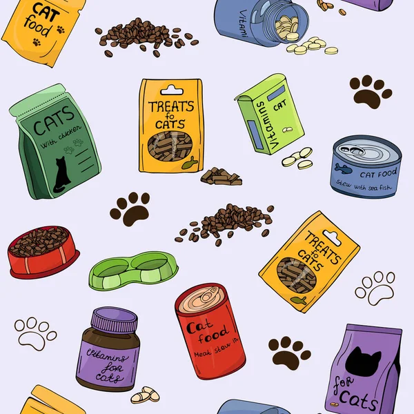 Colored, seamless cat food set. Canned cat food, dry cat food and vitamins
