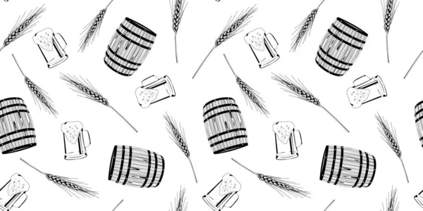 Padrão sem costura no estilo de Doodle sobre o tema da cerveja. Ilustração de um conjunto de canecas de cerveja, barril de cerveja e ramos de malte . —  Vetores de Stock