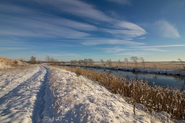 Paisaje invernal con nieve, río, caña común, cielo azul, carretera, sol. Países Bajos — Foto de Stock