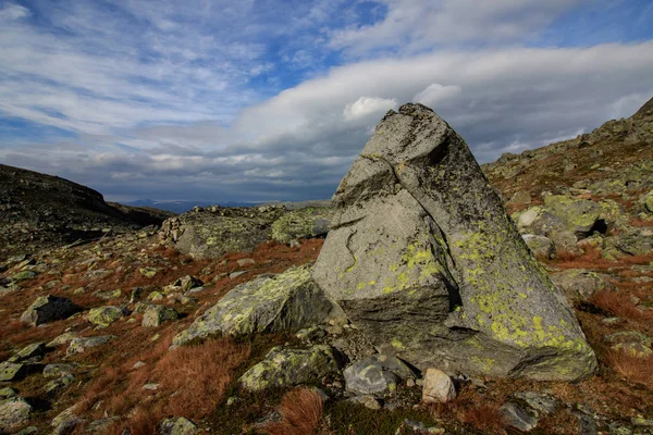 Jotunheimen Milli Parkı Norveç'te bir yüzle büyük taş — Stok fotoğraf