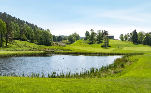 Gölet, mavi gökyüzü ve yeşil doğa ile Golf Sahası