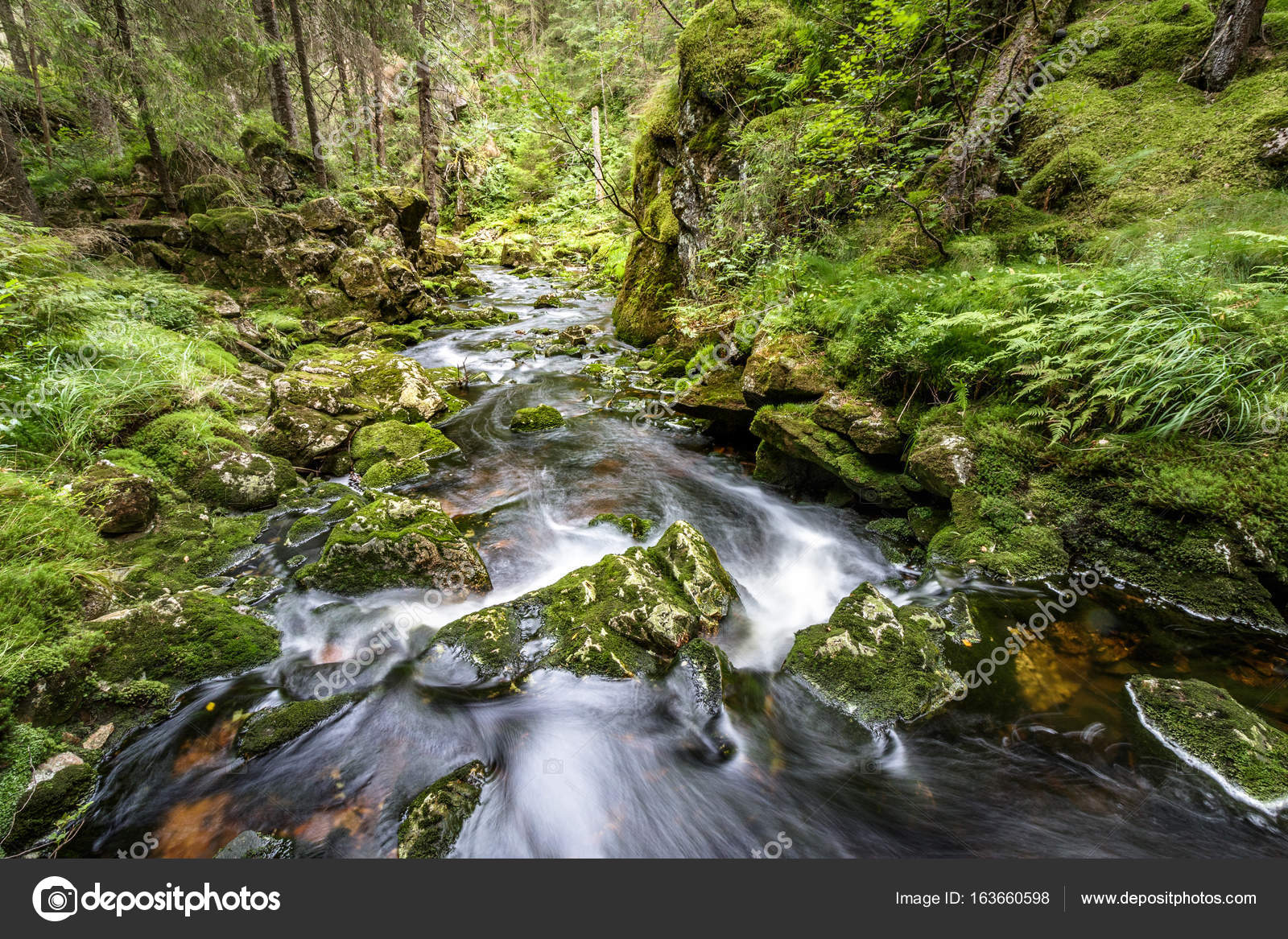 Water flow in a stream, long exposure Stock Photo by ©lillitve 163660598