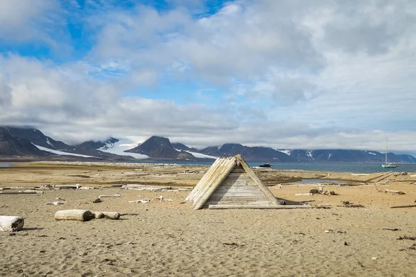 Drijfhout cabine op het strand bij Svalbard met drijfhout en beenderen op het strand — Stockfoto