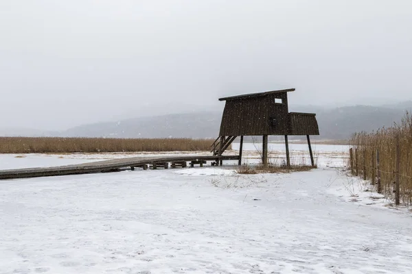 Torre de observación de aves en clima nevado, en Skien, Noruega , — Foto de Stock