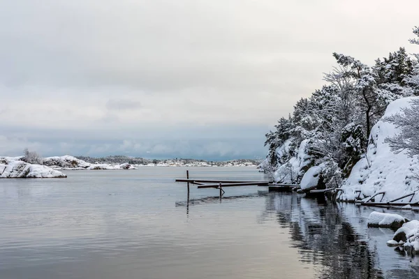 Отражения в воде. Зимний день в Оройе в норвежском городе Кристиансанн. Деревья, покрытые снегом . — стоковое фото