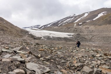 Adam bir kayalık Longyear buzul buzultaş Svalbard, Norveç'te fosillerle aranıyor. Arka plandaki buzul kenar.
