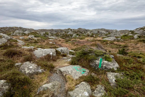 Groene pijlen wijzen in de richting van het parcours. De Rovaer-archipel, Rovaer eiland in Haugesund, Noorwegen. — Stockfoto