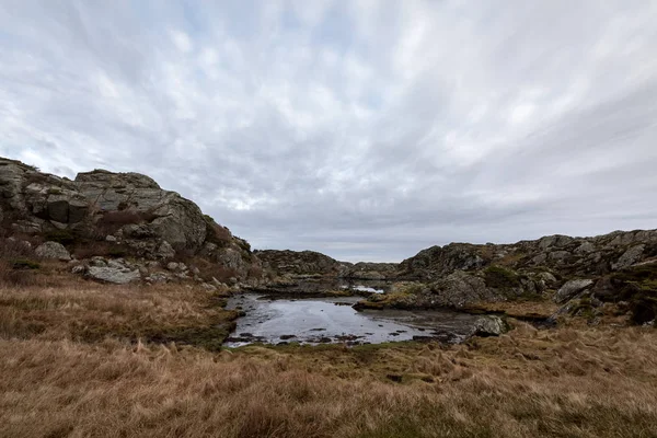 Teich am Wanderweg in brauner Küstenwinterlandschaft, am Rovaer Archipel, Rovaer Insel in Haugesund, Norwegen. — Stockfoto