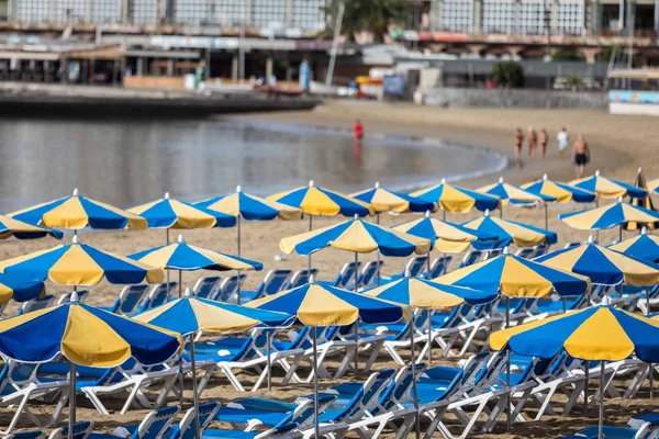 Filas de tumbonas azules con sombrillas azules y amarillas en la playa Playa de Puerto Rico en la Isla Canarias —  Fotos de Stock