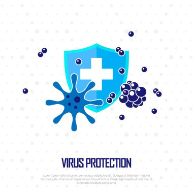 COVID-19 koruma virüsü. Kalkan ve virüs vektör illüstrasyonlu resim. Piksel hizalı, Piksel Mükemmel, Düzenlenebilir Felç, Kolay Kabartma.