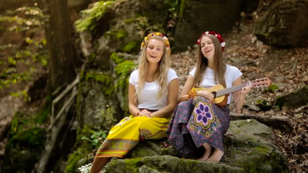 Две молодые девушки с гитарой в летнем лесу — стоковое видео
