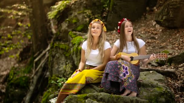 Két fiatal lány, a gitár egy nyári erdőben — Stock videók