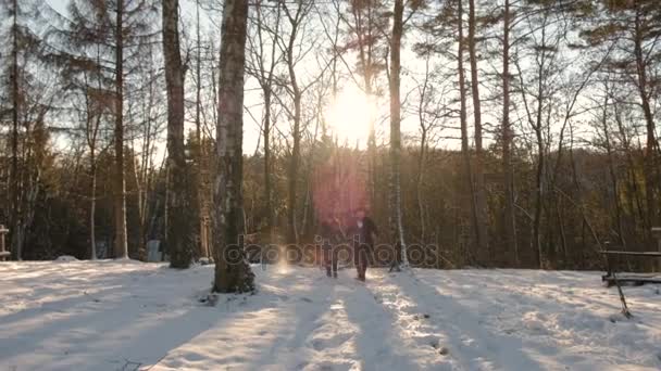 Amando feliz jovem casal emocionalmente corre nos bosques de inverno . — Vídeo de Stock