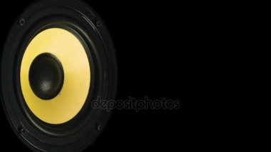 Close up sub-woofer hareket adlı. Hoparlör parçası. Siyah ve sarı renkler membran. Müzik aleti kavramı. makro video çekim.