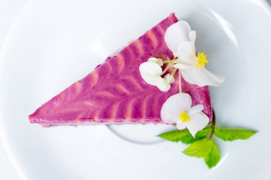 parçası cheesecake beyaz bir arka plan üzerinde beyaz bir plaka üzerinde yaban mersini ile. yakın çekim.