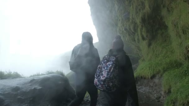 Couple debout sur la colline à la cascade. Silhouette d'un couple tient la main — Video