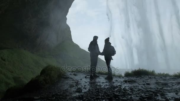 Casal em pé na colina em cachoeira. A silhueta de um par mantém mãos — Vídeo de Stock
