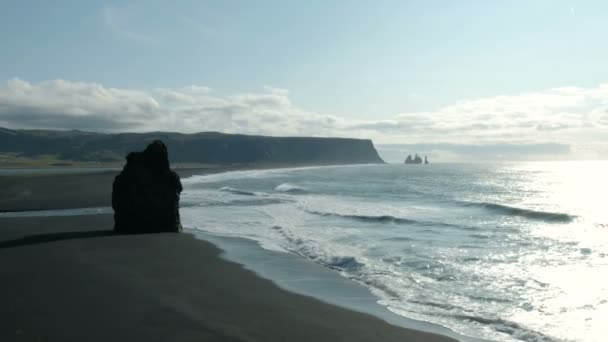 Berühmte Felsformationen am schwarzen Strand von Reynisfjara. Atlantikküste in der Nähe von vik, Südisland — Stockvideo
