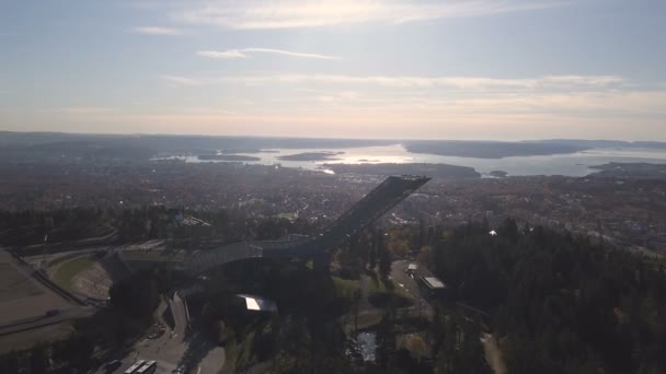 Holmenkollen new ski jump hill. Aerial — Stock Video
