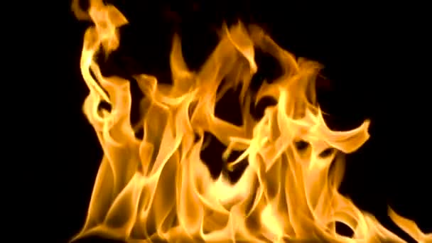 Fuego y llamas ardiendo en una superficie de vidrio reflectante, en cámara lenta con un fondo negro, con las llamas moviéndose lentamente — Vídeo de stock