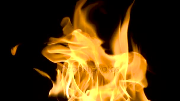 Fire and flames burning on a reflective glass surface, in slow motion with a black background, with the flames moving slowly — Stock Video