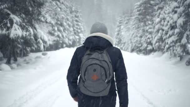 Человек в зимней куртке и рюкзак, идущий по заснеженной дороге — стоковое видео