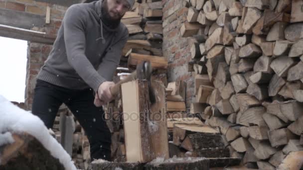 En man klipper ved med en yxa. Avverkning av träd. En trave sågade ved. Hugga ved med en yxa. — Stockvideo