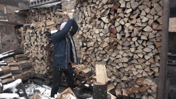 Un uomo taglia tronchi di legno con un'ascia. Abbattimento di alberi. Un mucchio di legna da ardere segata. Taglia il legno con un'ascia . — Video Stock