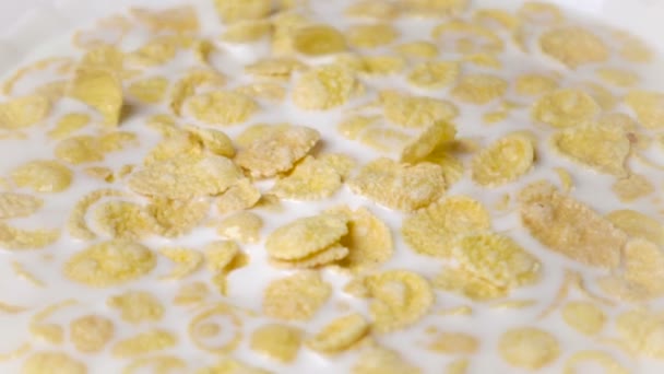 Krokante gele cornflakes in de kom voor de ochtend een heerlijk ontbijt met melk. Slow motion — Stockvideo
