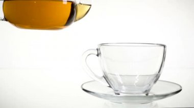 Dökme çay. Çay cam şeffaf çay fincan içine dökülür varlık. Çay saati. Şeffaf cam çaydanlık ve çay fincanı. Ağır çekim