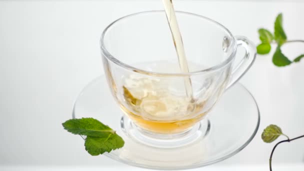 Hot herbal tea with ginger, lemon and mint. Ginger beverage in transparent teapot. Healthy lemon tea. — Stock Video